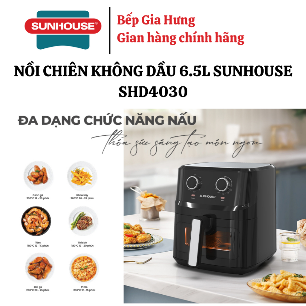 NỒI CHIÊN KHÔNG DẦU 6.5L SUNHOUSE SHD4030 có cửa kính - Hàng chính hãn