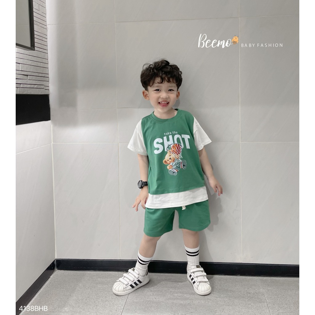 Set bộ cộc tay thể thao layer Beemo in hình gấu Take A Shot vải cotton dành cho bé trai từ 9-25kg 4138BHB