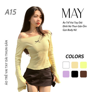 A15 - Áo Trễ Vai Tay Dài Đính Nơ Thun Gân Cứng Ôm Gọn Body Nữ