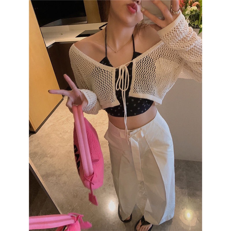 Áo Khoác Lưới Đan Cột Nơ, Áo Cadigan Dáng Croptop Tay Dài Cổ V Mặc Mùa Hè Phối 3 Màu Đơn Giản Phong Cách Hàn Quốc Shopqu | BigBuy360 - bigbuy360.vn