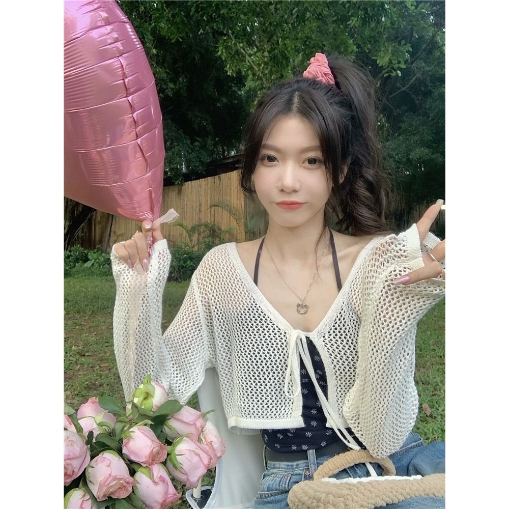 Áo Khoác Lưới Đan Cột Nơ, Áo Cadigan Dáng Croptop Tay Dài Cổ V Mặc Mùa Hè Phối 3 Màu Đơn Giản Phong Cách Hàn Quốc Shopqu | BigBuy360 - bigbuy360.vn