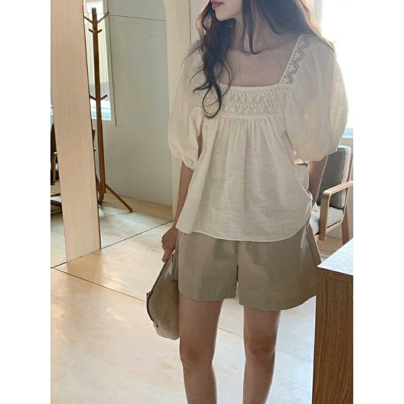 (Có bigsize) Áo Kiểu Nữ Cổ Vuông Thêu Ren Tay Lửng Phồng Thời Trang Dịu Dàng Thanh Lịch Đi Chơi Dạo Phố Trangnauth F313