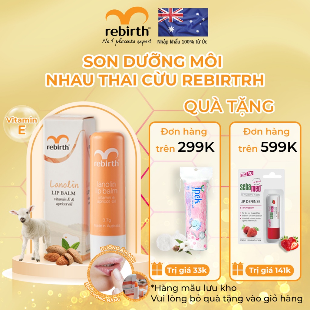 Son dưỡng ẩm nhau thai cừu Rebirth Lanolin Lip Balm with Vitamin E & Apricot Oil (3.7g)