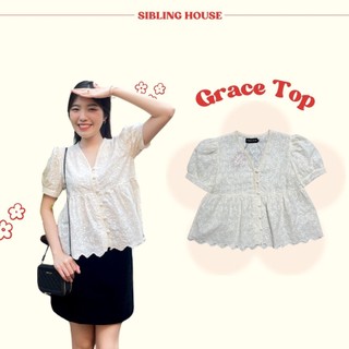 Áo kiểu sơ mi nữ tay ngắn phồng cổ V vải ren viền kem phối nút tròn bọc vải xinh xắn Grace Top - Sibling House