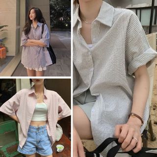 Áo sơ mi nữ tay ngắn Hàn Quốc form rộng oversize kẻ sọc nhiều màu Ulzzang siêu đẹp