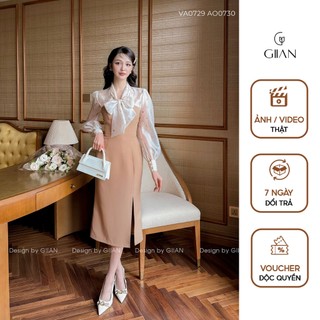 Váy công sở Giian 2 dây dáng dài bút chì xẻ đùi vải tuytsi phối sơ mi hoa nhí trong suốt cách điệu - VA0729 AO0730