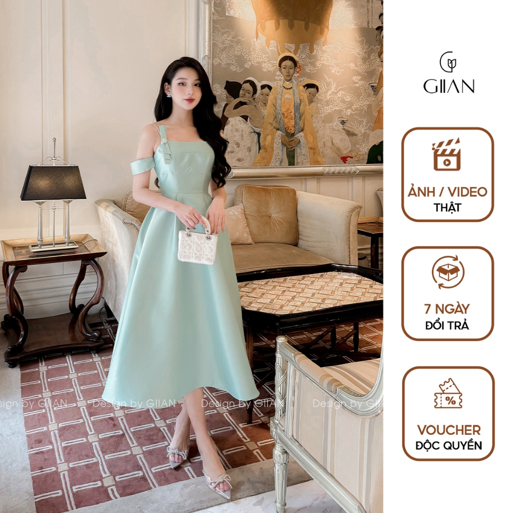 Váy 2 dây dáng dài tiểu thư Giian thiết kế cúp ngực đính nơ đá ôm eo tùng xoè vải tafta cao cấp - VA0695