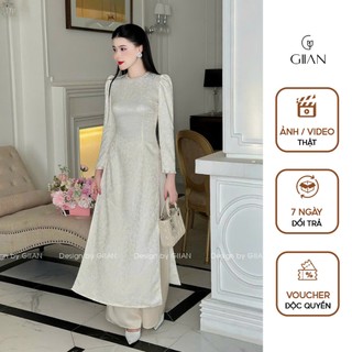 Áo dài gấm truyền thống thiết kế cổ tròn đính ngọc cách điệu nhún vai che khuyết điểm thương hiệu Giian - AD0576BE
