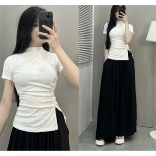 Áo thun nữ cổ cao cộc tay XẺ 1 BÊN dày dặn tôn dáng THUUNISEX M1568