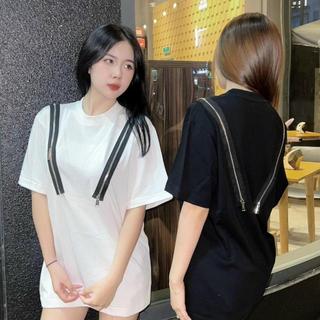 Áo Thun Khoá Dài Hai Bên Áo Cổ Bo Thông thường Top Cotton Nữ Đen