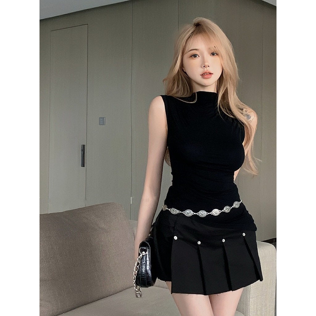 Set áo ba lỗ cổ cao vạt chéo kèm chân váy YIMI phối đai eo cá tính