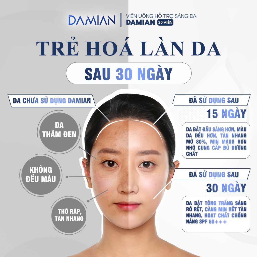 [Mua 3 Tặng 3] Viên Uống Trắng Da Hàn Quốc Damian, hỗ trợ làm mờ thâm nám, tàn nhan dưỡng trắng chỉ sau 30 Ngày