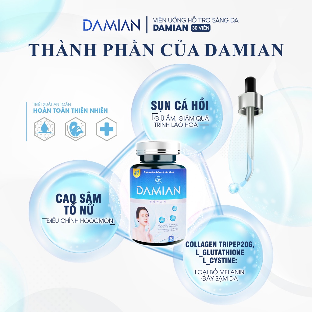 Viên Uống Trắng Da Damian Chứa Glutathione Giúp Trắng Da, Căng Bóng, Mờ Thâm Nám, Tàn Nhang, Sau 1 Liệu Trình