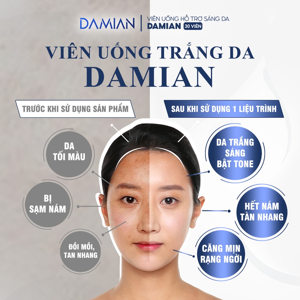 Viên Uống Trắng Da Damian Chứa Glutathione Giúp Trắng Da, Căng Bóng, Mờ Thâm Nám, Tàn Nhang, Sau 1 Liệu Trình