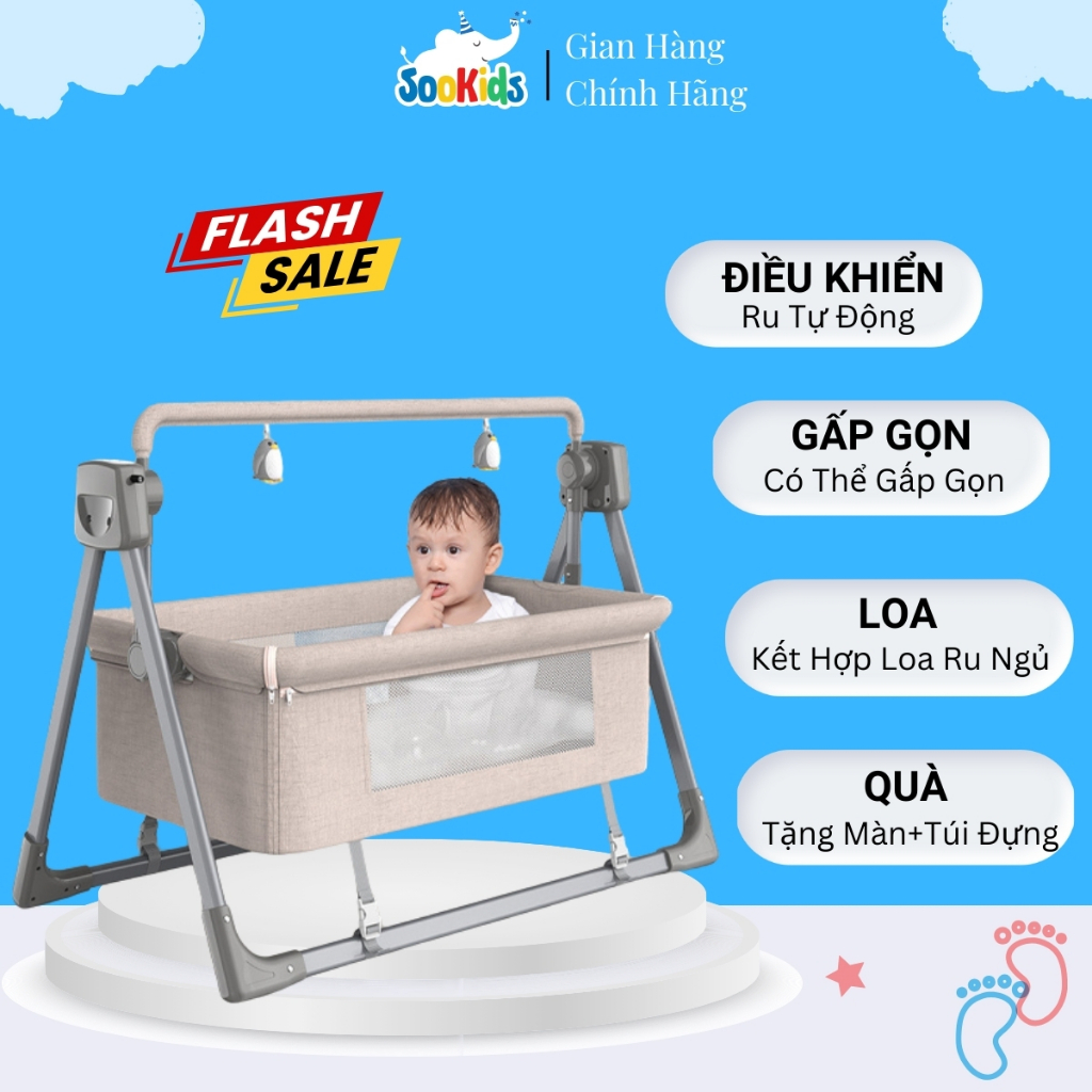 Nôi Điện Cho Bé Có Điều Khiển Từ Xa Giúp Đưa Tự Động Kèm Loa Cho Bé Ngủ Ngon Tặng Kèm Màn