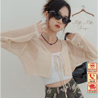 Áo Cadigan Mỏng, Áo Khoác Nữ Đan Lưới Xuyên Thấu Cột Nơ 3 Màu Cơ Bản Dễ Phối Đồ Cổ V Dáng Ngắn Tay Dài Matmatshop