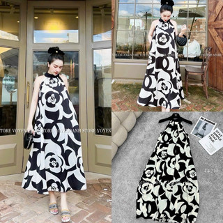 Đầm maxi đi biển, váy yếm lụa in hoa trà form rộng dáng dài đi biển sang chảnh thời trang