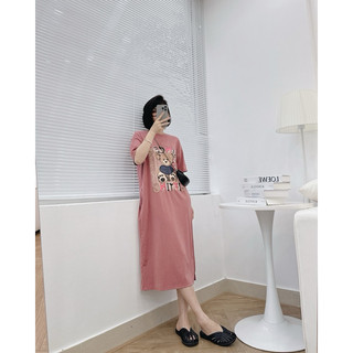 Váy xuông hình gấu, Đầm suông in chữ RIN dáng rộng chất thun cotton co dãn thời trang