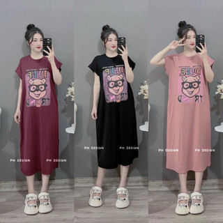 Váy thun, đầm suông in hoạ tiết gấu đeo kính dáng rộng chất thun cotton co dãn thời trang