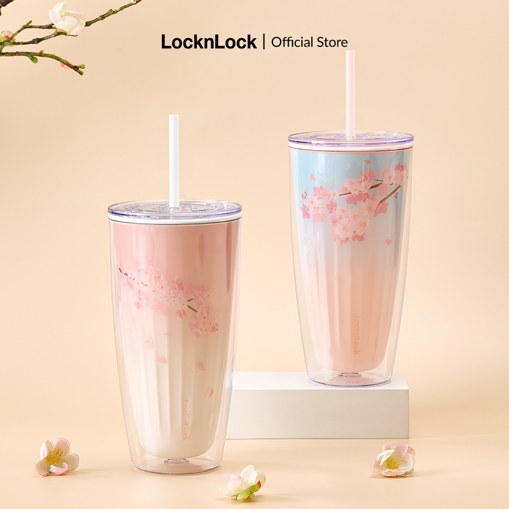 Ly nhựa 2 lớp Lock&Lock Cherry Blossom double wall cold cup 750ml kèm ống hút HAP522