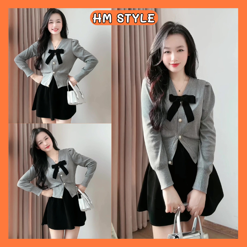 Set áo thun tăm cổ chữ V đính nơ thời trang + chân váy nhung có quần bảo hộ HB866 HMStyle