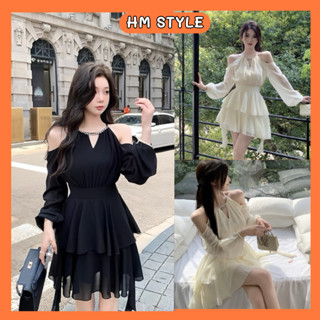 Váy cổ yếm hở vai 2 tầng dáng ngắn tiểu thư dây eo phong cách tiểu thư HV182 HMStyle