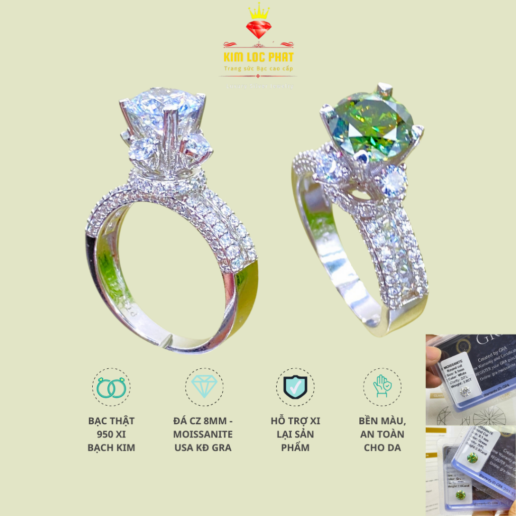 Nhẫn Moissanite màu trắng, Nhẫn bạc nữ xi bạch kim kiểu chấu cao 8mm, Nhẫn nữ kim cương nhân tạo moissanite màu xanh