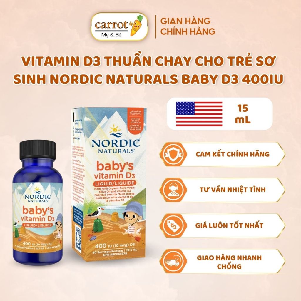 Vitamin D3 Thuần Chay Cho Trẻ Sơ Sinh Nordic Naturals Baby D3 400IU Lọ 22.5ML - Siêu Thị Mẹ Và Bé Carrot