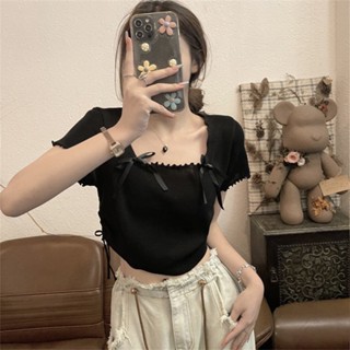 Áo kiểu coquette baby tee nữ màu hồng dễ thương, phông brandy cộc phối nơ phong cách hàn quốc mặc đi chơi DELIZ STUDIO