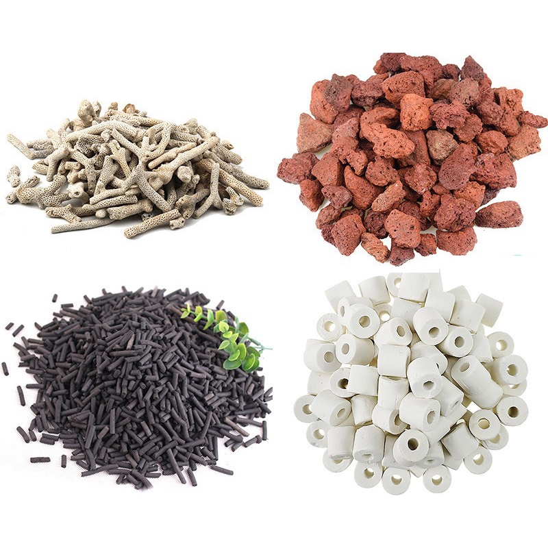 Combo 4 Loại Vật Liệu Lọc Nước Bể Cá - San Hô, Nham Thạch, Sứ Nhẫn, Than Hoạt Tính
