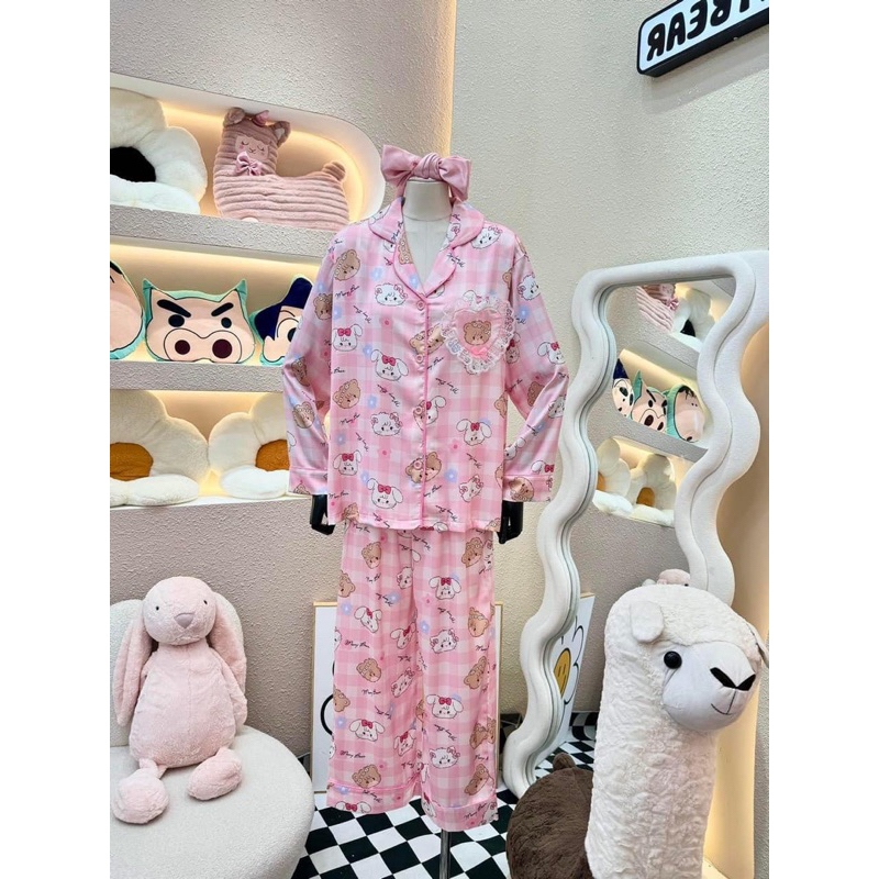 BỘ PIJAMA MONYBEAR GẤU MÈO CARO HỒNG PHỐI REN ( kèm BỊT MẮT )