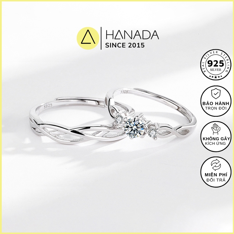 Nhẫn Cặp Bạc 925 HANADA Xoắn Đá Cao Nhẫn Đôi Kiểu Dáng Cách Điệu Đơn Giản Freesize Tùy Chỉnh 1317 M16