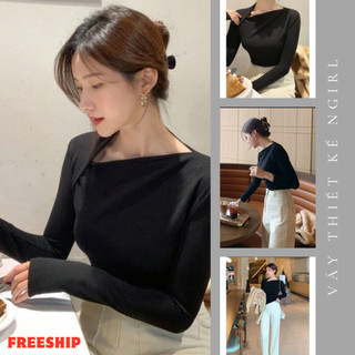 Áo thun cotton đen tay dài cổ xẻ thanh lịch phong cách Hàn Quốc cổ bất đối xứng CÓ BIG SIZE