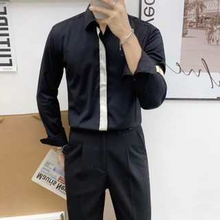 Áo Sơ Mi Nam Phối Nẹp Vải Lụa Mango AHFASHION Màu Trắng Đen Sang Trọng Menswear Shirt Cổ chữ V