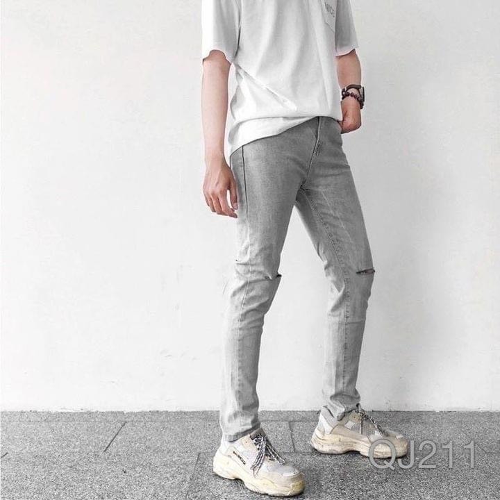 Quần jean nam ống đứng form skinny xám rách trơn vải co giãn thoải mái HẢI ĐĂNG STORE Menswear Pants Ôm gọn
