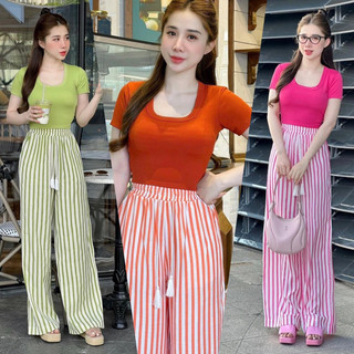 Sét bộ đồ áo croptop cổ chử U  hiện đại Quần sọc suông thể thao năng động cá tính hottren