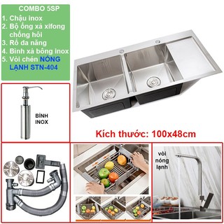 Chậu rửa chén bát size Lớn 100x48cm (CÓ BÀN CHỜ) inox 304 cao cấp Sentano 2 hộc