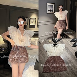 Váy đầm bling bling kim sa, kim tuyến lấp lánh, áo sơ mi voan tơ bèo tiểu thư phối chân váy thiết kế dự tiệc cao cấp