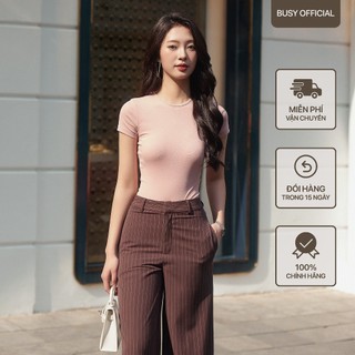 Áo Ngắn Tay Cổ Tròn Sát Dáng Thường Nữ BUSY Thun Zip 1 Lớp Co Giãn Ôm Sát NT8T