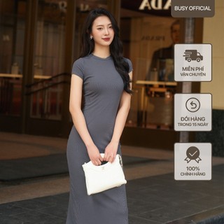 Váy Đầm Ngắn Tay Cổ Bo Dáng Dài Nữ BUSY Thun Tăm Rayon Co Giãn Ôm Sát VNT8