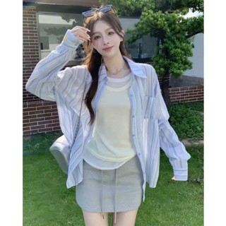 Áo sơ mi nữ tay dài kẻ sọc hồng xanh chất đũi dáng dài SM119 CHANGSTORE