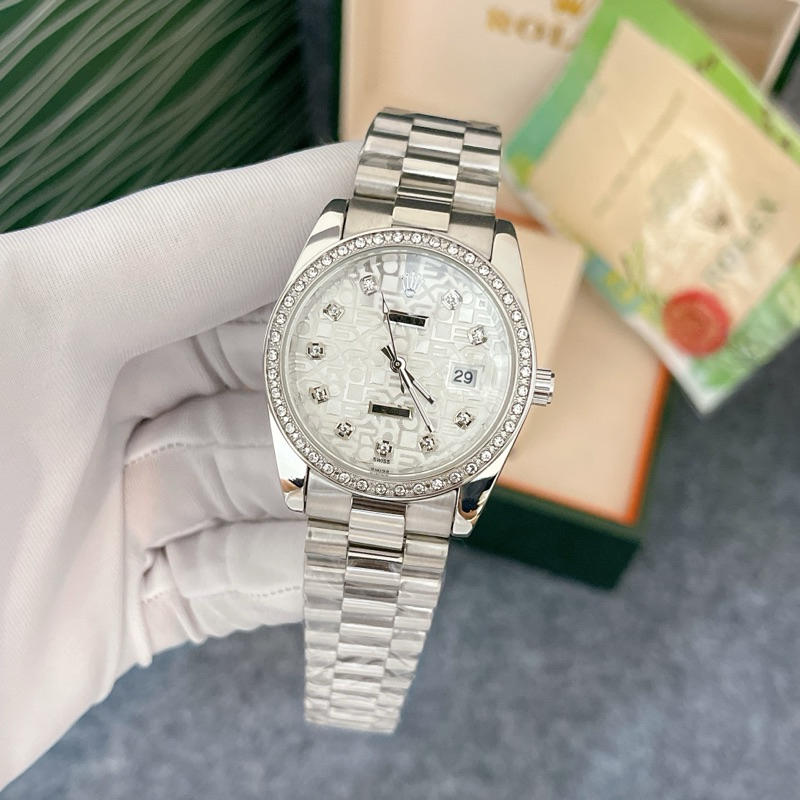 Đồng Hồ Nam Rolex Viền Đính Đá, Size Mặt 36mm, Máy Pin, Kính Khoáng, Dây Nguyên Khối, Bảo Hành Máy 12 Tháng