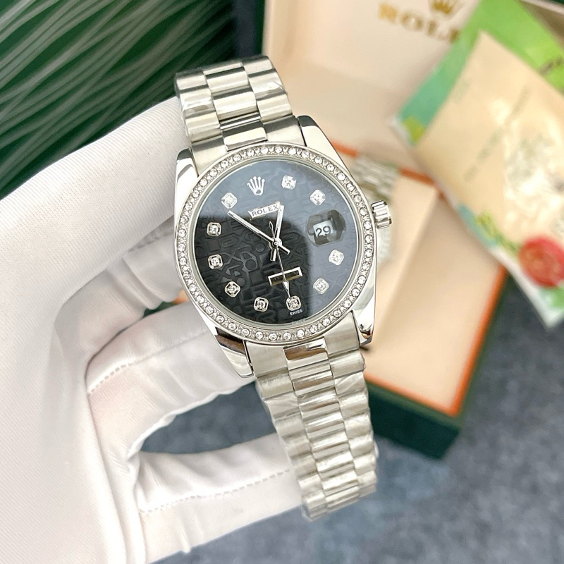Đồng Hồ Nam Rolex Viền Đính Đá, Size Mặt 36mm, Máy Pin, Kính Khoáng, Dây Nguyên Khối, Bảo Hành Máy 12 Tháng