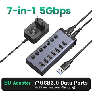 Bộ hub chia 7 cổng usb 3.0 tốc độ 5gbps vỏ nhôm, công tắc ugreen 90307 cao cấp