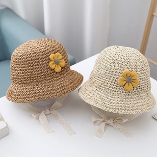 Mũ cói che nắng, đi biển gắn hình hoa cho bé gái