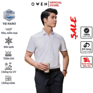 Áo sơ mi trắng nam ngắn tay OWEN sơ mi công sở vải nano cao cấp màu trắng trơn dáng suông tà bằng hoặc tà lượn có túi