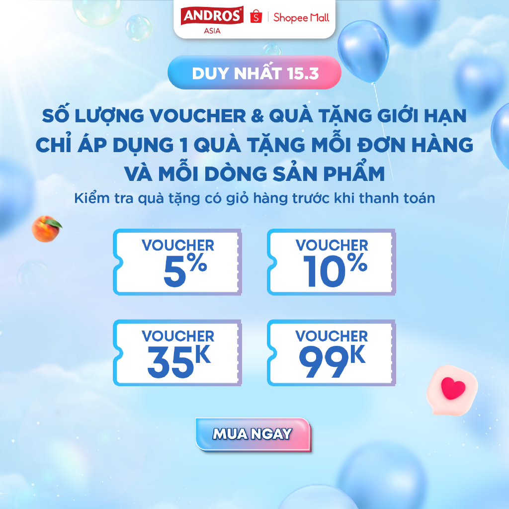 Thùng 20 Túi Nước Xoài Dinh Dưỡng - Hỗ trợ bé tăng chiều cao - ANDROS FRUIT ME UP - 150ml x 20