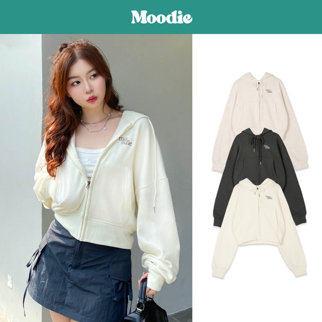 Áo khoác nỉ hoodie zip form croptop logo thêu mũ to nỉ bông | MOODIE BRAND