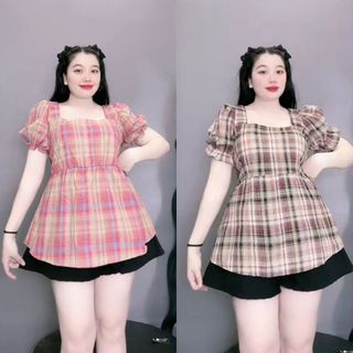 Áo lụa màu thổ cẩm bigsize phối cổ vuông tay bầu nhí thắt eo cao nhún lưng tùng xòe thời trang kẻ caro sang trọng- SM27