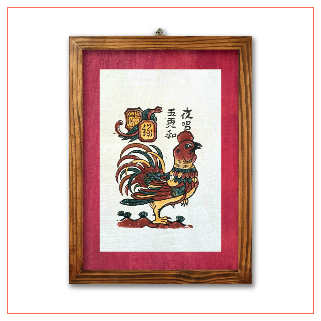 Tranh Đông Hồ Gà dạ xướng (Gà trống gáy sáng) lồng khung gỗ thật mặt kính mica 30x40